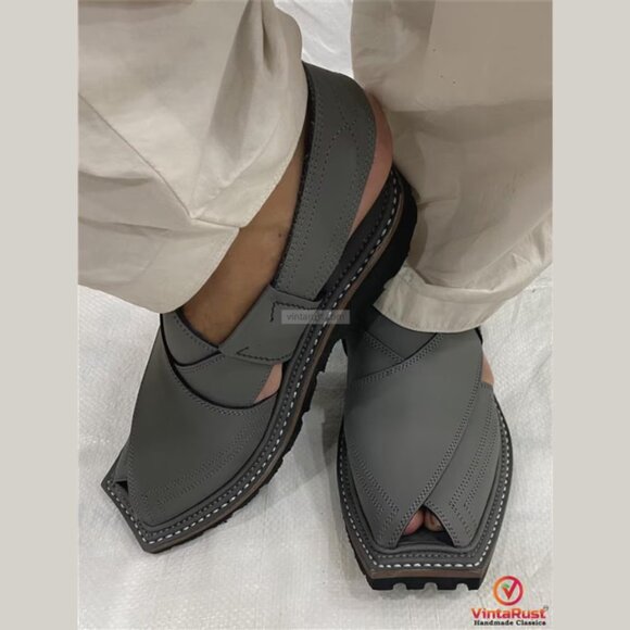 Classic Grey Leather Peshawari Chappal: Traditional & Trendy Footwear Gift main image 4